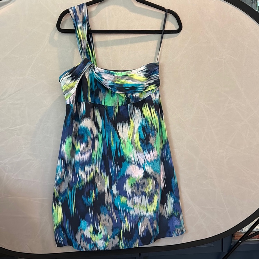 LOFT Blue and Green Pleated One Shoulder Cocktail Dress